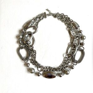 VINTAGE METAL MESH TRIPLE STRAND NECKLACE BALLS LINKS CHUNKY